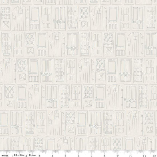 Cream, linen colored quilting cotton fabric with outlined front doors lined up in rows. 
Cute Little Fabric Shop