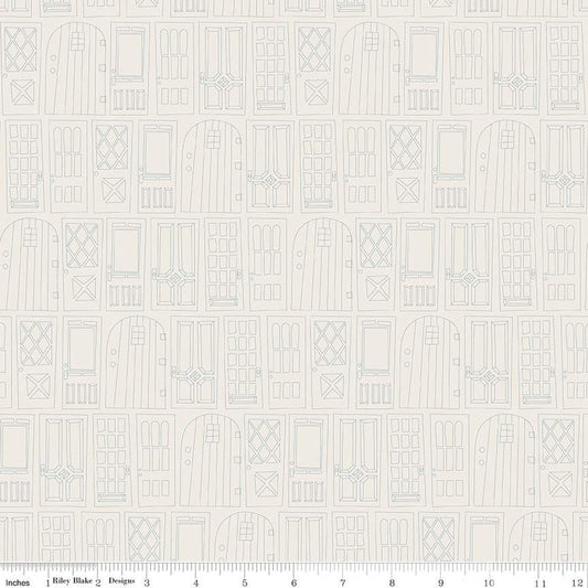 Cream, linen colored quilting cotton fabric with outlined front doors lined up in rows. 
Cute Little Fabric Shop