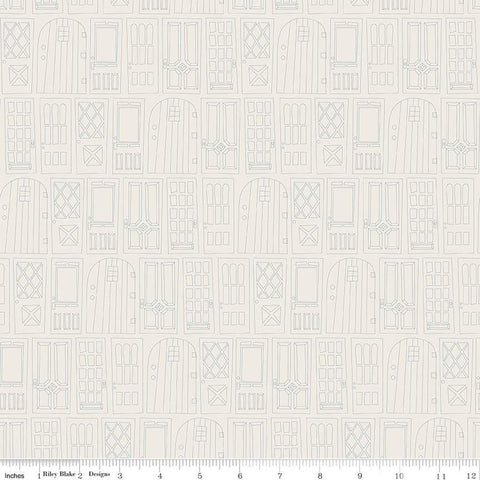 Cream, linen colored quilting cotton fabric with outlined front doors lined up in rows. 
Cute Little Fabric Shop