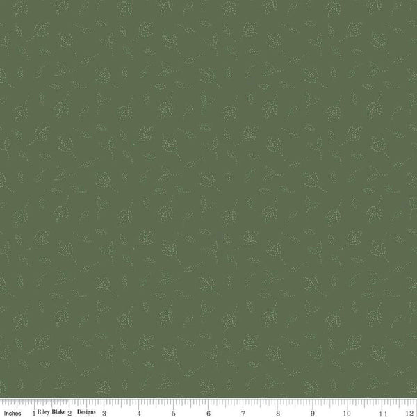 Green quilting cotton fabric with scattered sketched leaves. 
Cute Little Fabric Shop