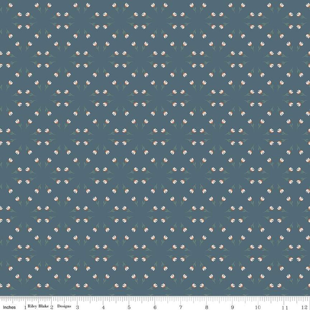 Blue, navy, ink colored quilting cotton fabric with clusters of scattered white tulips. 
Cute Little Fabric Shop