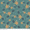 Teal, river colored quilting cotton fabric with scattered yellow, blue, pink, and teal flowers. 
Cute Little Fabric Shop