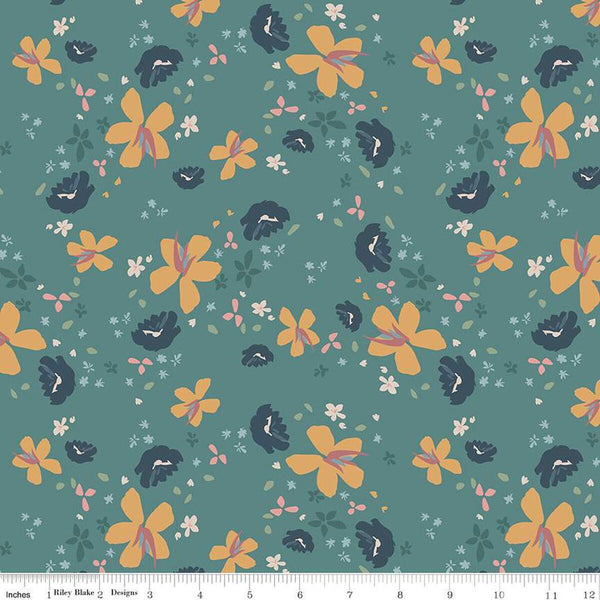 Teal, river colored quilting cotton fabric with scattered yellow, blue, pink, and teal flowers. 
Cute Little Fabric Shop