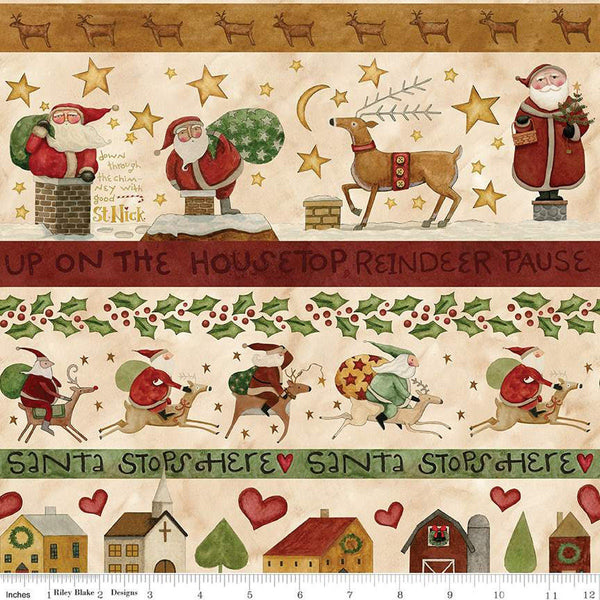 Image of the Up on the Housetop Border Stripe Snowflake quilting cotton fabric by Riley Blake Designs. Features reindeer, santa, presents, hearts, holly, stars, and more on a cream striped border background. 
Cute Little Fabric Shop