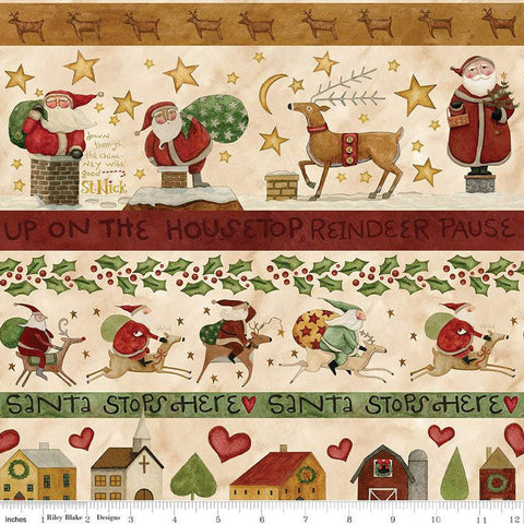 Image of the Up on the Housetop Border Stripe Snowflake quilting cotton fabric by Riley Blake Designs. Features reindeer, santa, presents, hearts, holly, stars, and more on a cream striped border background. 
Cute Little Fabric Shop