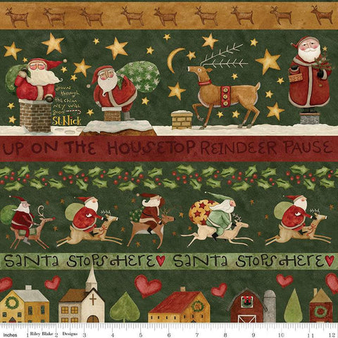 Image of the Up on the Housetop Border Stripe Green quilting cotton fabric by Riley Blake Designs. Features reindeer, Santa, presents, hearts, holly, stars, and more on a dark green striped border background. 
Cute Little Fabric Shop