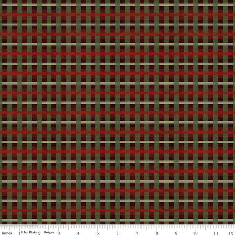 Image of the Up on the Housetop Plaid Cranberry quilting cotton fabric by Riley Blake Designs. Features printed gingham stripes on a dark red background. 
Cute Little Fabric Shop