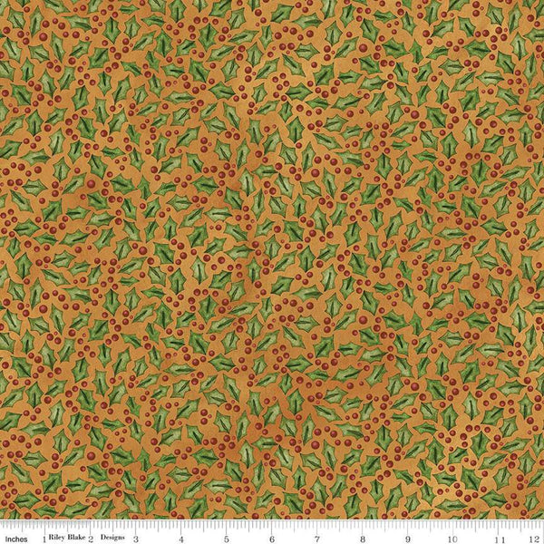 Image of the Up on the Housetop Holly Moonlight quilting cotton fabric by Riley Blake Designs. Features tossed holly and berries on a orange background. 
Cute Little Fabric Shop