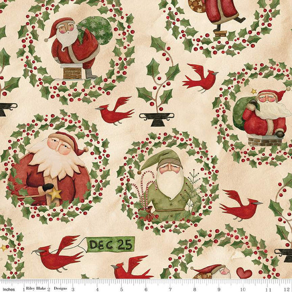 Image of the Up on the Housetop Santa Holly Snowflake quilting cotton fabric by Riley Blake Designs. Features different Santas encircled in holly and berry wreaths on a cream background. 
Cute Little Fabric Shop