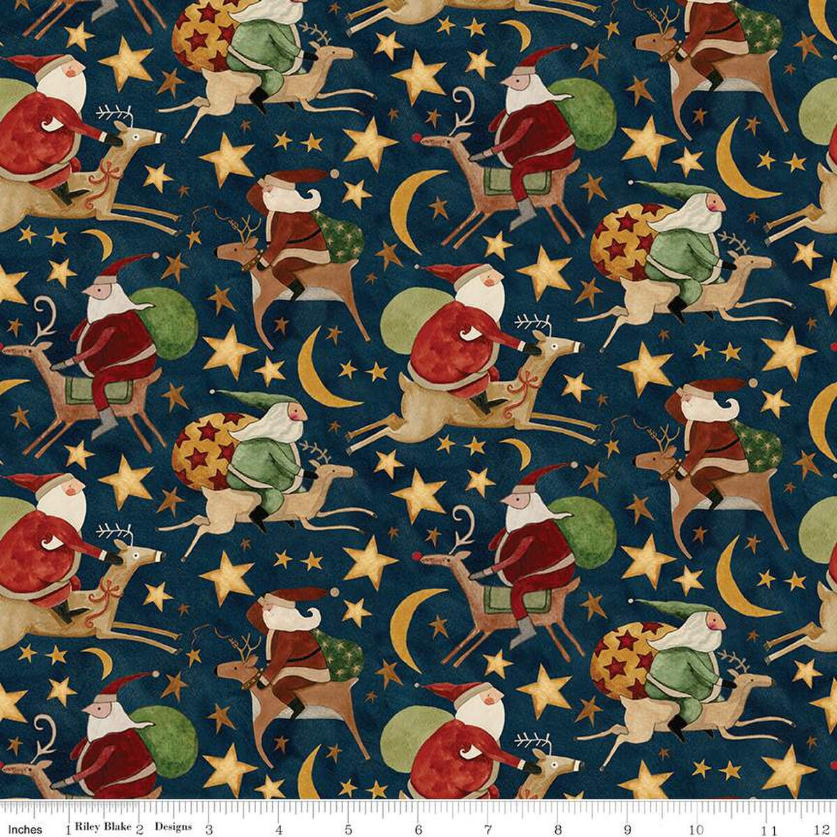 Image of the Up on the Housetop Santa Rides Midnight quilting cotton fabric by Riley Blake Designs. Features Santas riding reindeer with a background of stars and moons on a dark blue background. 
Cute Little Fabric Shop