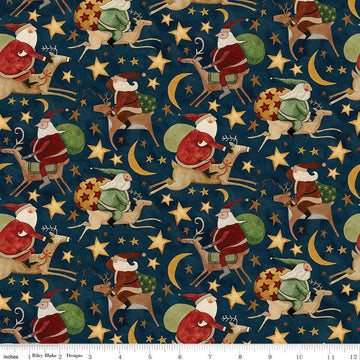 Image of the Up on the Housetop Santa Rides Midnight quilting cotton fabric by Riley Blake Designs. Features Santas riding reindeer with a background of stars and moons on a dark blue background. 
Cute Little Fabric Shop