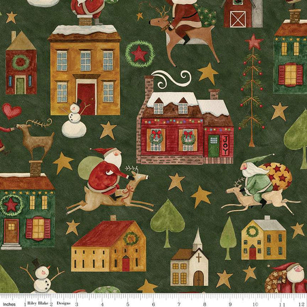 Image of the Up on the Housetop Main Green quilting cotton fabric by Riley Blake Designs. Features Santa, houses, barns, reindeer, stars, and other Christmas-themed icons on a dark green background. 
Cute Little Fabric Shop