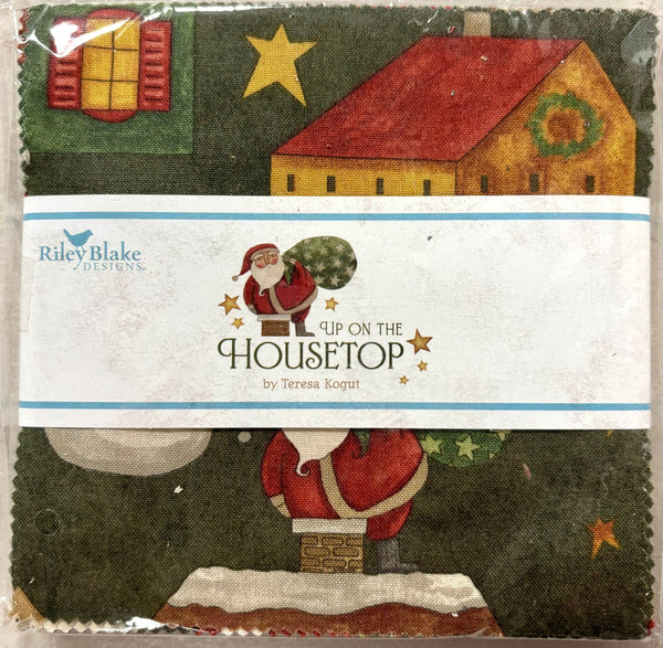 Image of the Up on the Housetop 5 inch stacker from Riley Blake Designs. Features the main dark green fabric on the top. 
Cute Little Fabric Shop