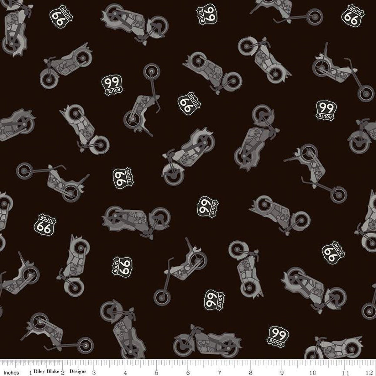 Black colored quilting cotton fabric with yellow and gray colored motorcycles, with Route 66 signs. 
Cute Little Fabric Shop
