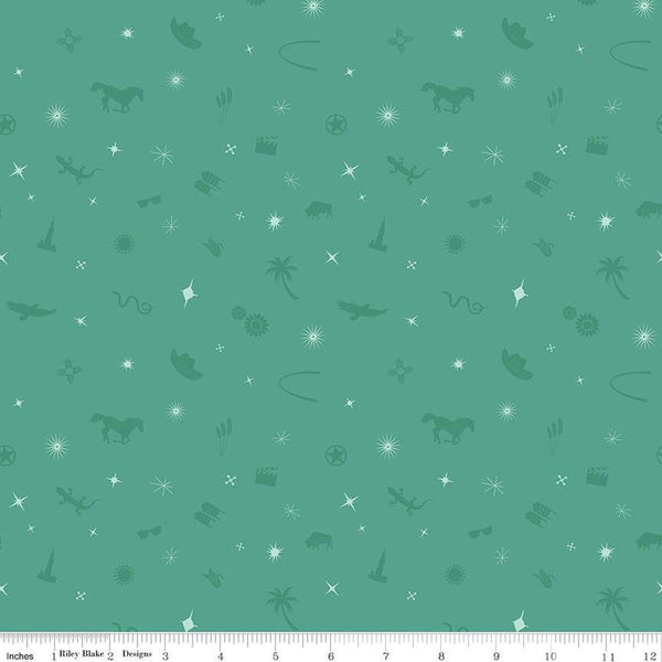 Teal, aqua colored quilting cotton fabric with tone-on-tone icons of hats, horses, sparkles, sunglasses, gears, and more. 
Cute Little Fabric Shop