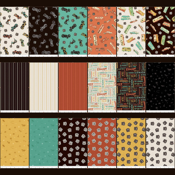 Route 66 Fat Quarter Bundle 18 pieces - Riley Blake Designs - Pre Cut Precut - Quilting Cotton Fabric