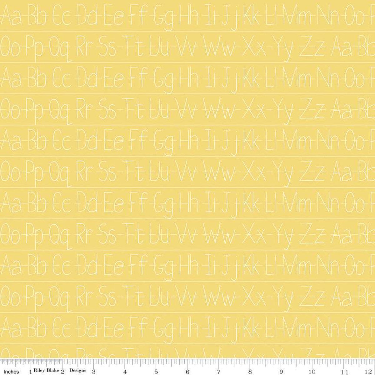 Image of the Old School Handwriting Yellow quilting cotton fabric by J. Wecker Frisch for Riley Blake Designs. Features white alphabet handwriting practice on a yellow background. 
Cute Little Fabric Shop