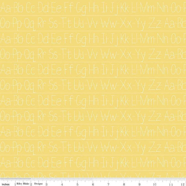 Image of the Old School Handwriting Yellow quilting cotton fabric by J. Wecker Frisch for Riley Blake Designs. Features white alphabet handwriting practice on a yellow background. 
Cute Little Fabric Shop