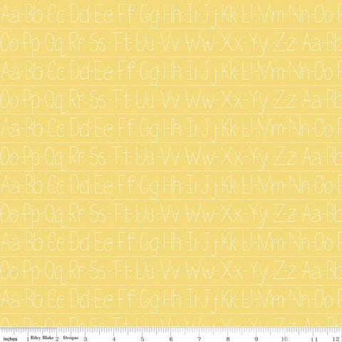 Image of the Old School Handwriting Yellow quilting cotton fabric by J. Wecker Frisch for Riley Blake Designs. Features white alphabet handwriting practice on a yellow background. 
Cute Little Fabric Shop