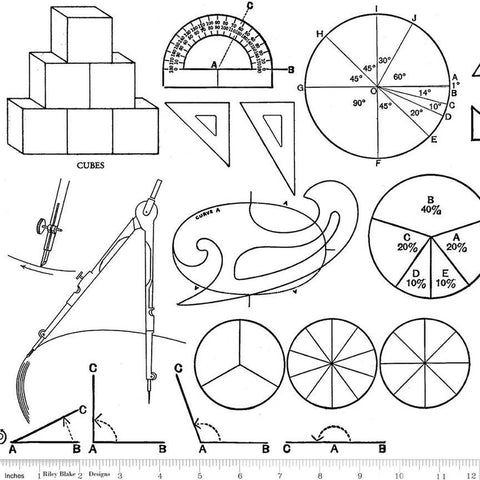 Image of the Old School Math Graphs White quilting cotton fabric by J. Wecker Frisch for Riley Blake Designs. Features black illustrations of math graphs such as pie charts, angles, cubes, and more on a white background. 
Cute Little Fabric Shop