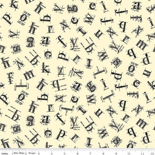 Image of the Old School Tossed Letters Parchment quilting cotton fabric by J. Wecker Frisch for Riley Blake Designs. Features black vintage letters tossed on an off white cream background. 
Cute Little Fabric Shop