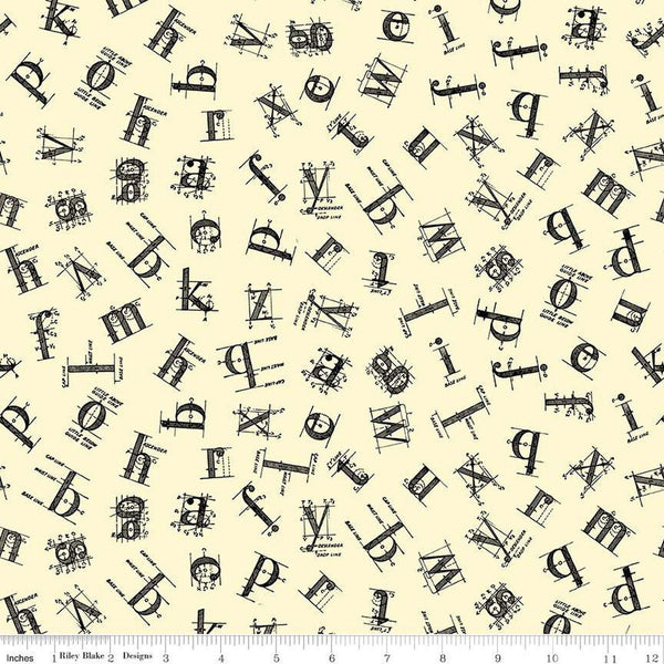 Image of the Old School Tossed Letters Parchment quilting cotton fabric by J. Wecker Frisch for Riley Blake Designs. Features black vintage letters tossed on an off white cream background. 
Cute Little Fabric Shop