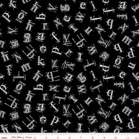 Image of the Old School Tossed Letters Black quilting cotton fabric by J. Wecker Frisch for Riley Blake Designs. Features white vintage letters tossed on a black background. 
Cute Little Fabric Shop