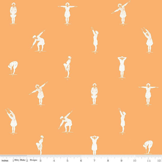 Image of the Old School Gym Class Orange quilting cotton fabric by J. Wecker Frisch for Riley Blake Designs. Features people stretching illustrated in white on an orange background. 
Cute Little Fabric Shop