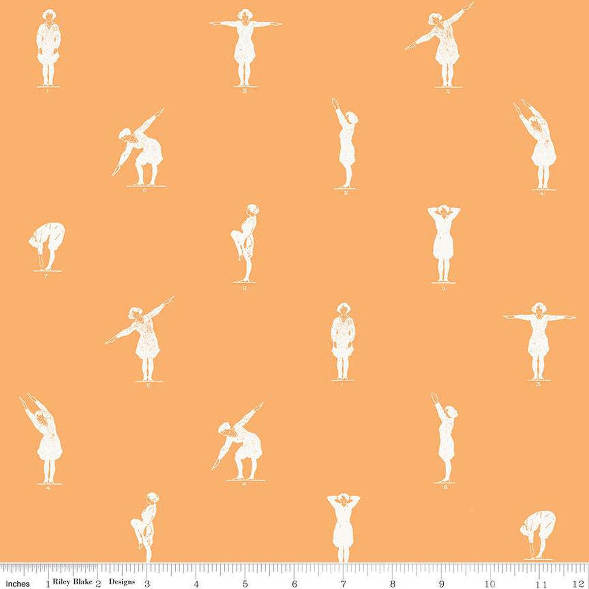 Image of the Old School Gym Class Orange quilting cotton fabric by J. Wecker Frisch for Riley Blake Designs. Features people stretching illustrated in white on an orange background. 
Cute Little Fabric Shop