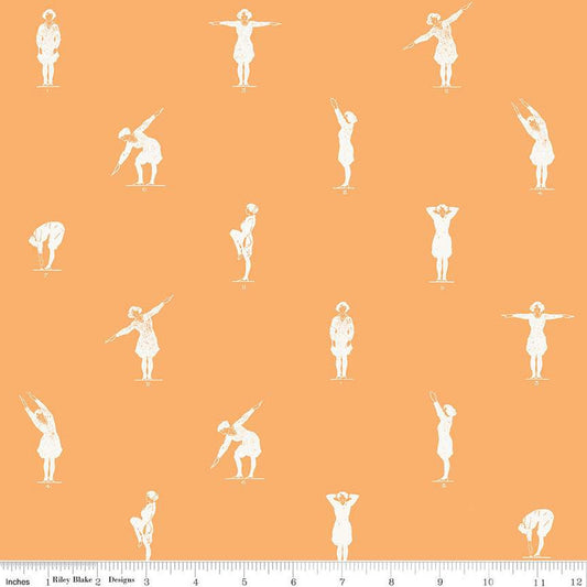 Image of the Old School Gym Class Orange quilting cotton fabric by J. Wecker Frisch for Riley Blake Designs. Features people stretching illustrated in white on an orange background. 
Cute Little Fabric Shop