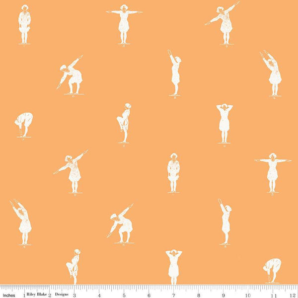 Image of the Old School Gym Class Orange quilting cotton fabric by J. Wecker Frisch for Riley Blake Designs. Features people stretching illustrated in white on an orange background. 
Cute Little Fabric Shop