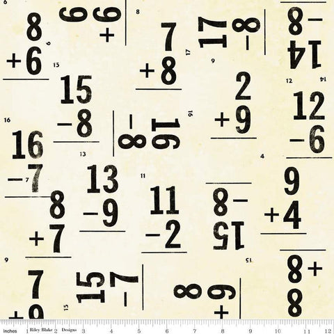 Image of the Old School Flash Cards Off White quilting cotton fabric by J. Wecker Frisch for Riley Blake Designs. Features black math equations scattered on a cream off white background. 
Cute Little Fabric Shop