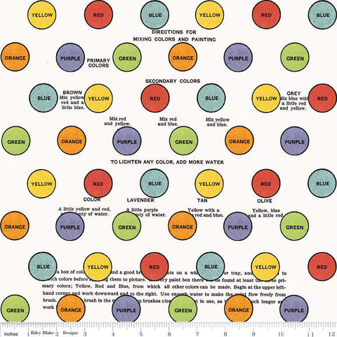 Image of the Old School Primary Colors White quilting cotton fabric by J. Wecker Frisch for Riley Blake Designs. Features labeled colored circles (red, orange, yellow, green, and blue) on a white background. 
Cute Little Fabric Shop