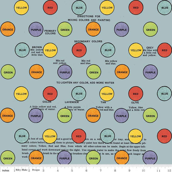 Image of the Old School Primary Colors Blue quilting cotton fabric by J. Wecker Frisch for Riley Blake Designs. Features labeled colored circles (red, orange, yellow, green, and blue) on a blue background. 
Cute Little Fabric Shop