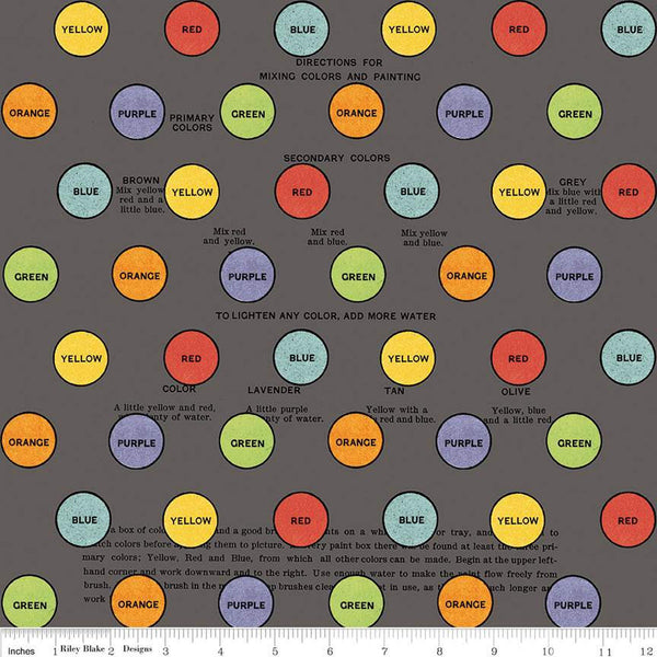 Image of the Old School Primary Colors Charcoal quilting cotton fabric by J. Wecker Frisch for Riley Blake Designs. Features labeled colored circles (red, orange, yellow, green, and blue) on a charcoal gray background. 
Cute Little Fabric Shop