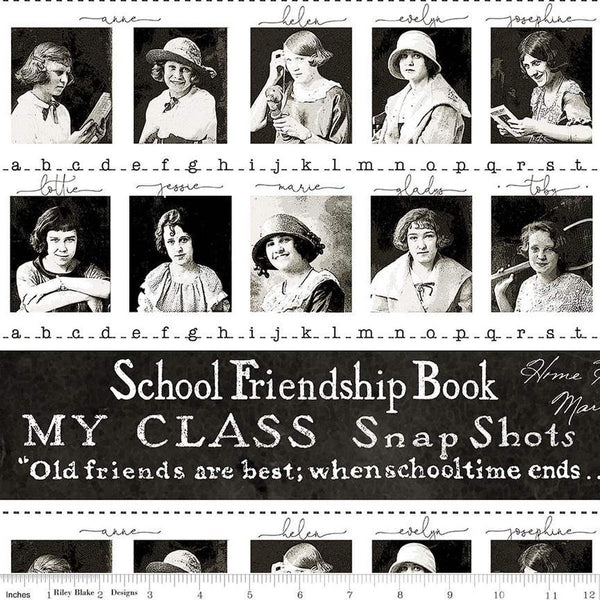 Image of the Old School Classmates Border Stripe Black quilting cotton fabric by J. Wecker Frisch for Riley Blake Designs. Features vintage school photographs and friendship book text on a charcoal gray background. 
Cute Little Fabric Shop