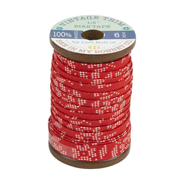 SALE Lori Holt 1/2" Double Fold Stitch Bias Tape ST-22908 Red Flower - Riley Blake Designs - 6 Yards on Wood Spool