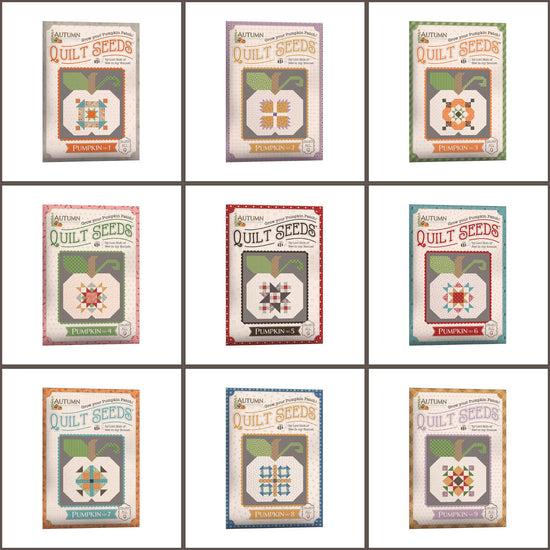 Collage of Riley Blake's quilt seed patterns for the Autumn collection. Set of 9. 
Cute Little Fabric Shop