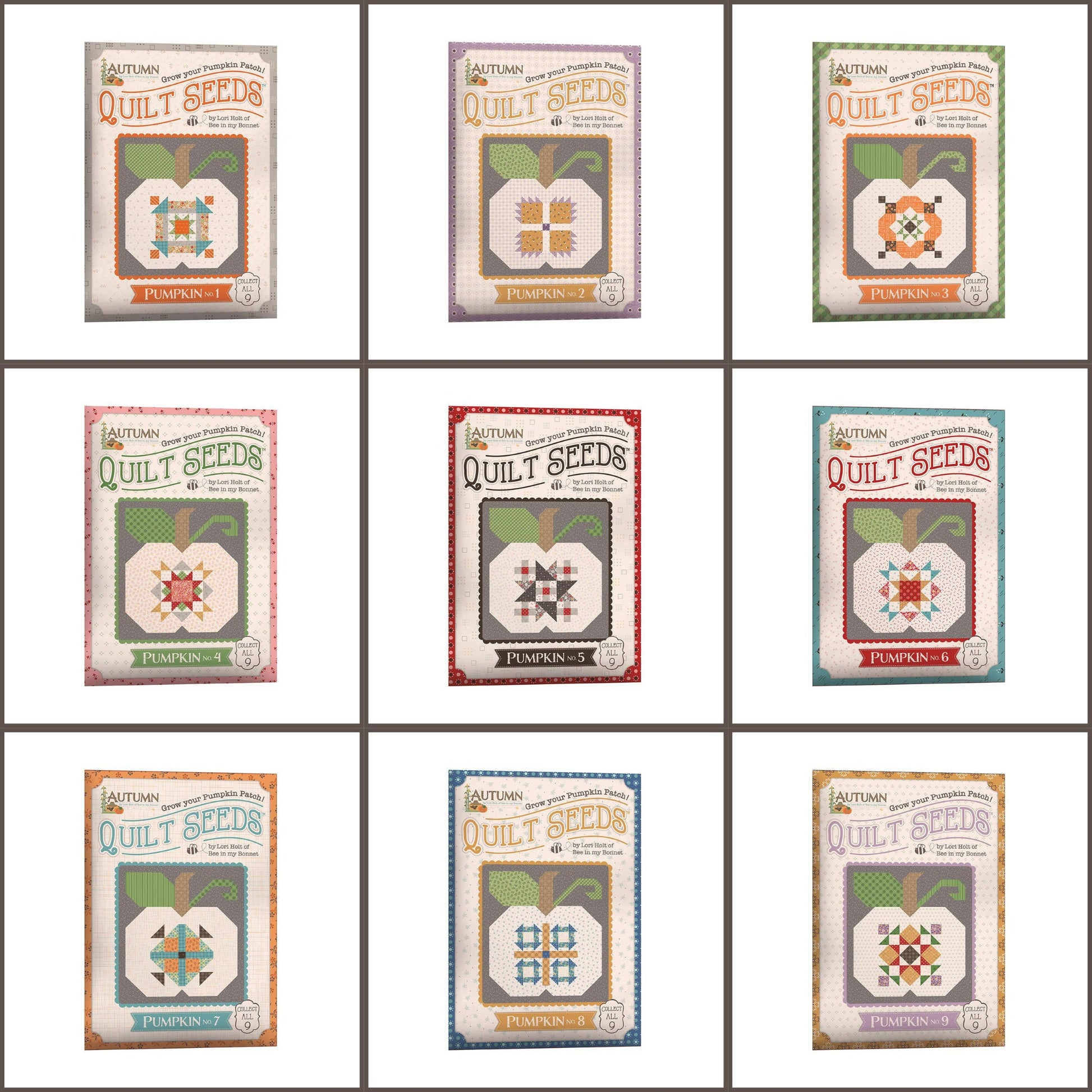 Collage of Riley Blake's quilt seed patterns for the Autumn collection. Set of 9. 
Cute Little Fabric Shop
