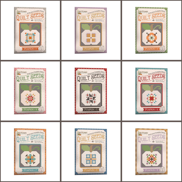 Collage of Riley Blake&#39;s quilt seed patterns for the Autumn collection. Set of 9. 
Cute Little Fabric Shop