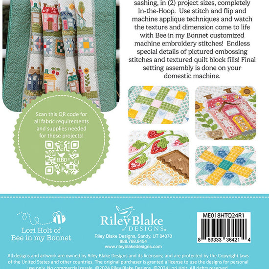 Image of the back of the Machine Embroidery Home Town Quilt Projects item by Riley Blake Designs Shows close ups of the embroidered quilt blocks. 
Cute Little Fabric Shop