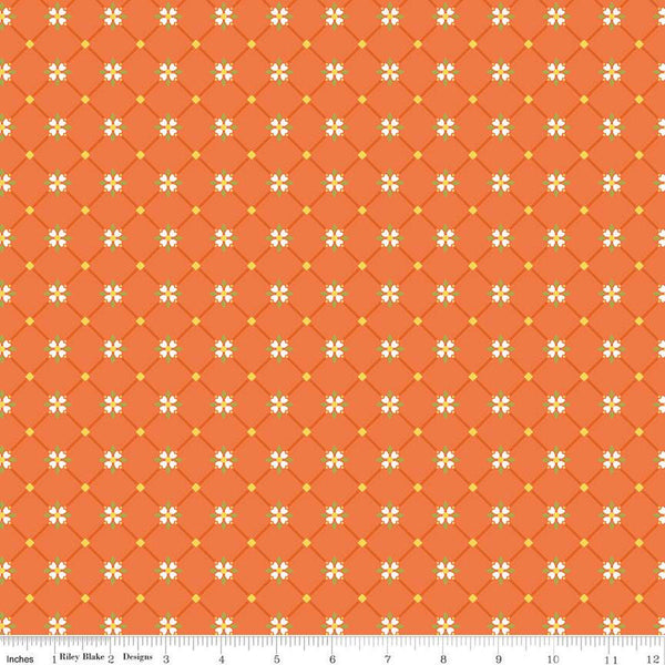 Image of the Autumn Afternoon Crosshatch Orange quilting cotton fabric by Heather Peterson for Riley Blake Designs. Features a lattice design with clusters of flowers at the intersections on an orange background. 
Cute Little Fabric Shop