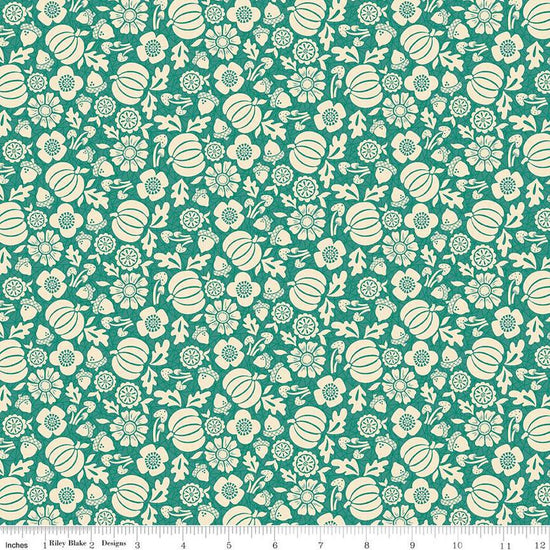 Image of the Autumn Afternoon Pumpkins Teal quilting cotton fabric by Heather Peterson for Riley Blake Designs. Features flowers, pumpkins, mushrooms, leaves, and acorns on a teal green background. 
Cute Little Fabric Shop