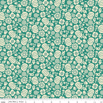 Image of the Autumn Afternoon Pumpkins Teal quilting cotton fabric by Heather Peterson for Riley Blake Designs. Features flowers, pumpkins, mushrooms, leaves, and acorns on a teal green background. 
Cute Little Fabric Shop