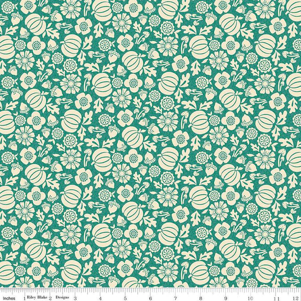 Image of the Autumn Afternoon Pumpkins Teal quilting cotton fabric by Heather Peterson for Riley Blake Designs. Features flowers, pumpkins, mushrooms, leaves, and acorns on a teal green background. 
Cute Little Fabric Shop