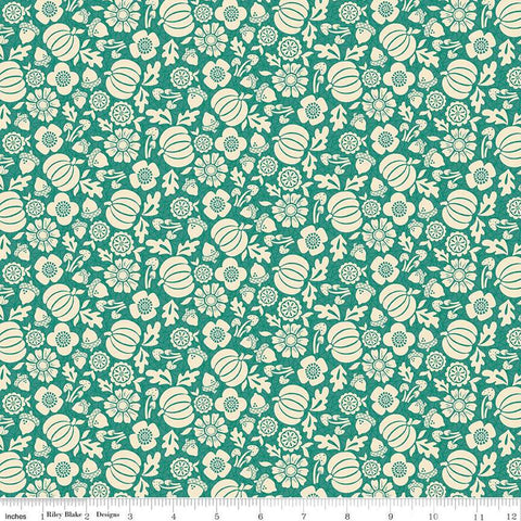 Image of the Autumn Afternoon Pumpkins Teal quilting cotton fabric by Heather Peterson for Riley Blake Designs. Features flowers, pumpkins, mushrooms, leaves, and acorns on a teal green background. 
Cute Little Fabric Shop