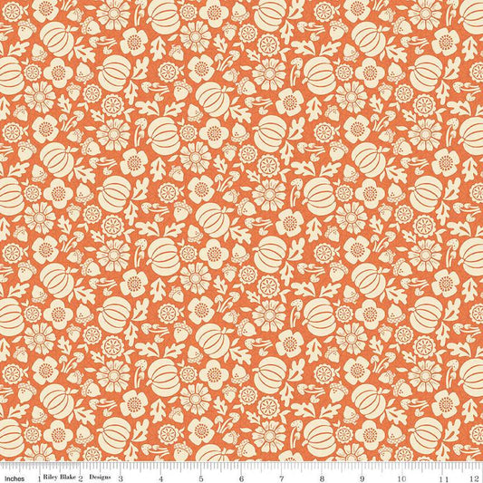 Image of the Autumn Afternoon Pumpkins Orange quilting cotton fabric by Heather Peterson for Riley Blake Designs. Features flowers, pumpkins, mushrooms, leaves, and acorns on an orange background. 
Cute Little Fabric Shop