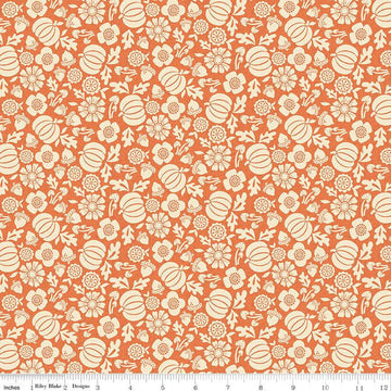 Image of the Autumn Afternoon Pumpkins Orange quilting cotton fabric by Heather Peterson for Riley Blake Designs. Features flowers, pumpkins, mushrooms, leaves, and acorns on an orange background. 
Cute Little Fabric Shop