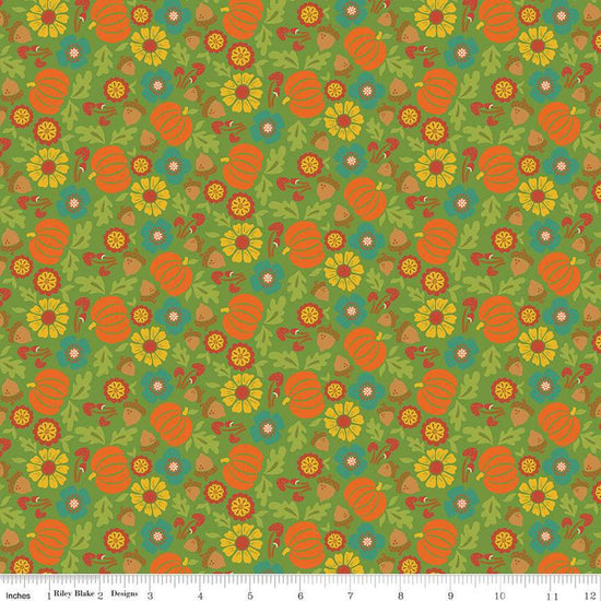Image of the Autumn Afternoon Pumpkins Green quilting cotton fabric by Heather Peterson for Riley Blake Designs. Features flowers, pumpkins, mushrooms, leaves, and acorns on a green background. 
Cute Little Fabric Shop