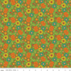 Image of the Autumn Afternoon Pumpkins Green quilting cotton fabric by Heather Peterson for Riley Blake Designs. Features flowers, pumpkins, mushrooms, leaves, and acorns on a green background. 
Cute Little Fabric Shop